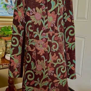 Bohemian Maximalist Tapestry Embroidered Look Velvet and Satin Trim Coat Medium